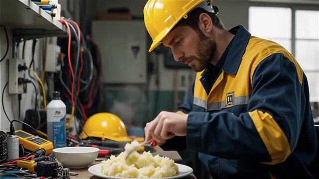 A focused worker in a yellow hard hat and work attire carefully plates mashed potatoes in a workshop setting, surrounded by tools