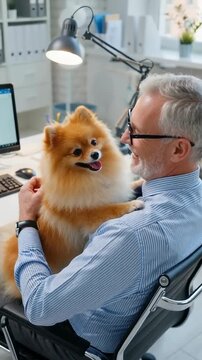 Man sitting in office chair holding fluffy Pomsky dog and smiling at each other, surrounded by office equipment and bright workspace