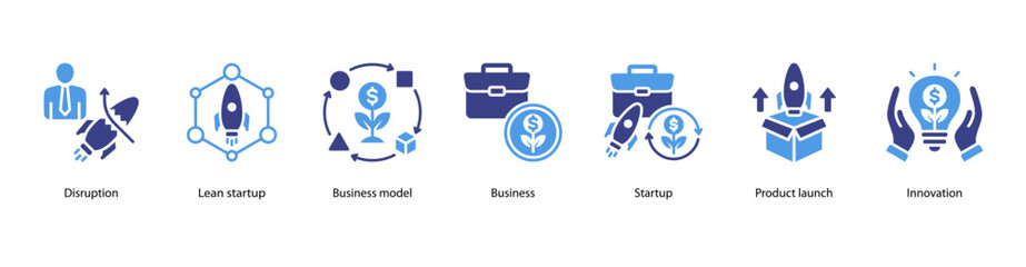 Obraz premium Disruption and Lean Innovation web banner featuring Disruption, Lean Startup, Business Model, Business, Startup, Product Launch, and Innovation.
