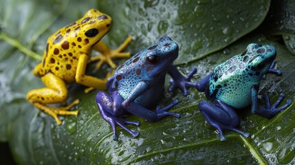 Fototapeta premium Bright frogs sit on wet leaves in a rainforest during a rainy season displaying different colors and patterns on their skin