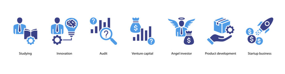 Fototapeta premium Startup Business Development web banner featuring Studying, Innovation, Audit, Venture Capital, Angel Investor, Product Development, and Startup Business.