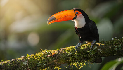 Naklejka premium A Vibrant Toucan Perches Majestically on a Mossy Branch, Bathed in Soft Sunlight in the Lush Rainforest, Showcasing Nature's Beauty and Serene Tranquility for Conservation Appeal