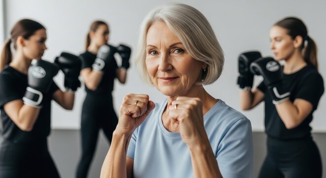 elderly woman confidently boxing with young women in a fitness class setting