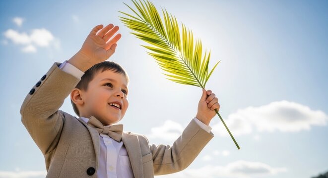 joyful boy waving palm leaf under blue sky during palm sunday celebration outdoors