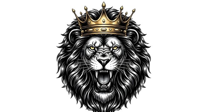 Ferocious roaring lion head adorned with a detailed golden crown symbolizing majesty strength and royal power
