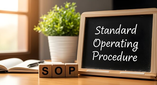 Small chalkboard displays the meaning of sop standard operating procedure next to wooden blocks and an open notebook.