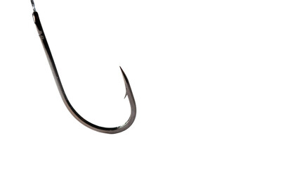 Obraz premium A solitary, menacing jet-black fishing hook depicted in ultra-hyperreal detail against a pure white background