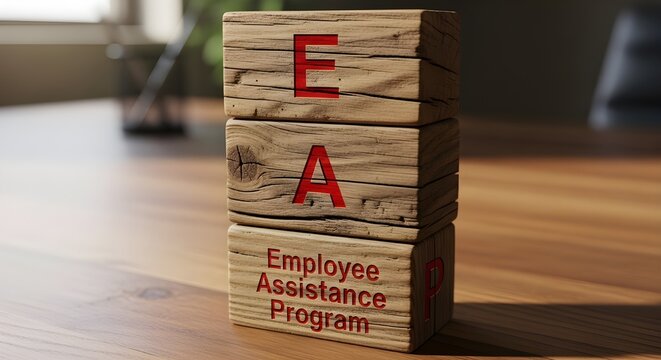 Wooden blocks stacked to clearly spell out the acronym E A P representing an important employee assistance program concept.