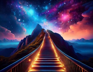 glowing stairs ascend a mountain under a starry nebula providing a surreal inspiring vista