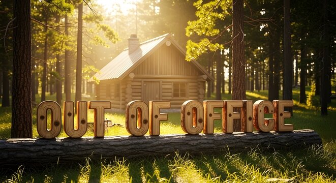 Wooden three dimensional letters spelling out of office rest upon a fallen log near a rustic cabin in the bright sunlight.