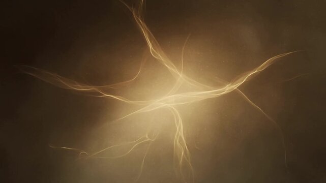 Drifting inward golden ribbons forming central glow on dark void, creating fine branching tendrils