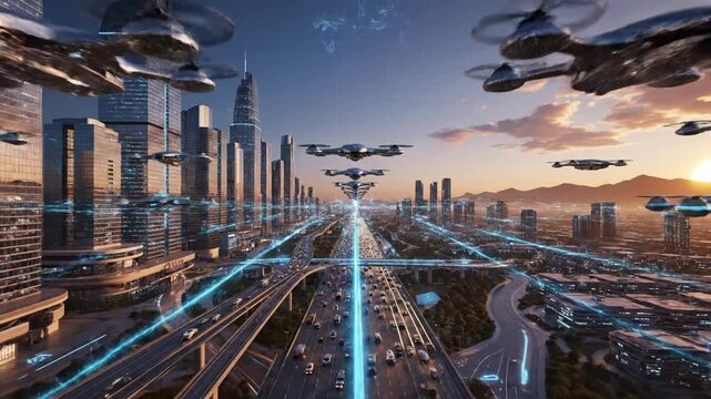 Futuristic metropolis with advanced flying vehicles and drones hovering over ultra modern skyscrapers at golden sunset
