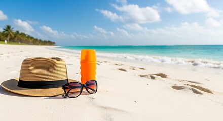A serene beach scene with a straw hat and sunglasses illustration