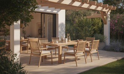 Fototapeta premium Outdoor dining set under a wooden pergola, lush greenery surrounds