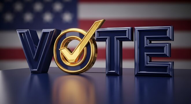 Three dimensional metallic word vote featuring a gold checkmark symbol prominently displayed against a blurry american flag background
