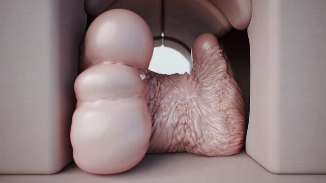 Rear pressure pushing pale pink masses forward through narrow arched tunnel, revealing distant exit