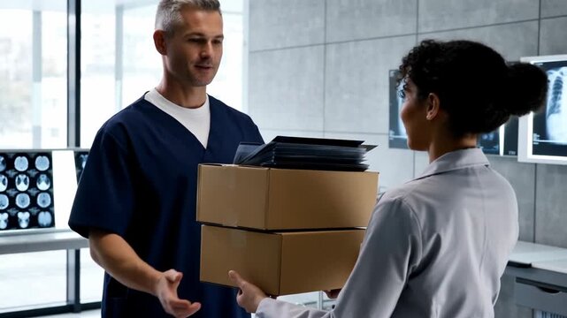 Medical professional in scrubs conversing with a colleague while holding files in a modern healthcare environment