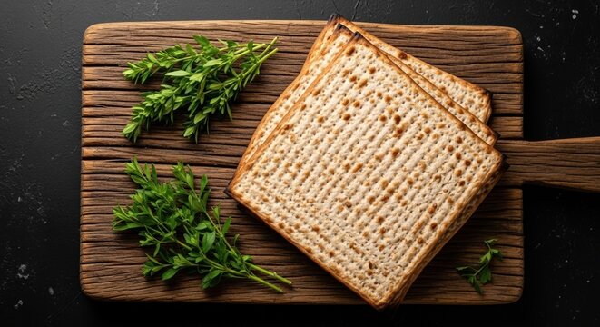 matzo and parsley on wooden cutting board for passover meal preparation