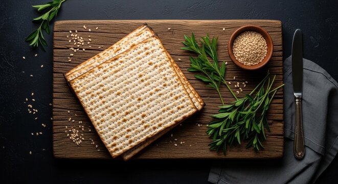 matzo bread on wooden board with fresh herbs and sesame seeds for passover celebration