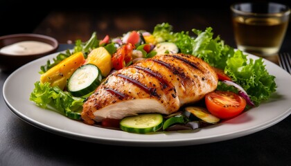 grilled chicken served with fresh salad and vegetables presented on a plate healthy eating