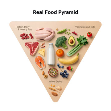 Modern inverted food pyramid graphic illustrating the 2026 dietary guidelines. Concept of real food, high-quality proteins, nutrient-dense vegetables, and healthy fats on a minimalist neutral backgrou