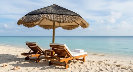 Serene beach scene with two lounge chairs under a thatched umbrella illustration
