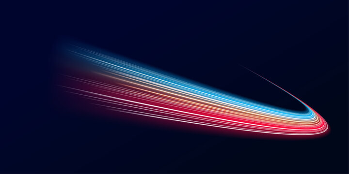 Neon laser motion lines sweep along night city highway road traffic. Light wave energy trail shapes futuristic direction, glowing movement with blue, red highlights police. Vector illustration.