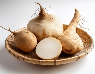 fresh jicama displays its white flesh alongside whole yam bean on a white backdrop