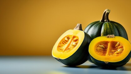 acorn squash presents alongside a halved portion displaying vibrant color contrast in studio lighting