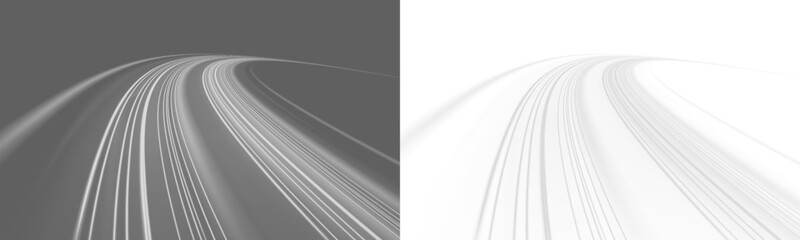 Neon white laser motion speed lines curve across city highway road traffic. Light energy wave forms futuristic trail. Illustration png vector. White air hides the whirlwind.  © Mirotvoric