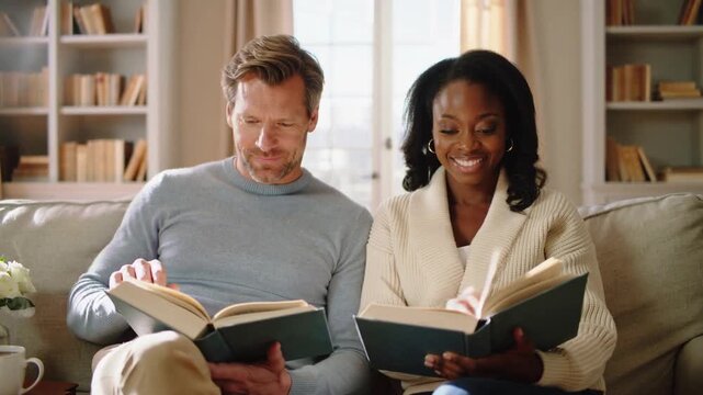 Glancing man catching woman's look, woman in cream knit reading books on living room sofa together