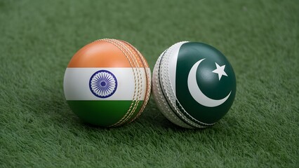 Cricket Balls with Indian and Pakistani Flags on Green Field