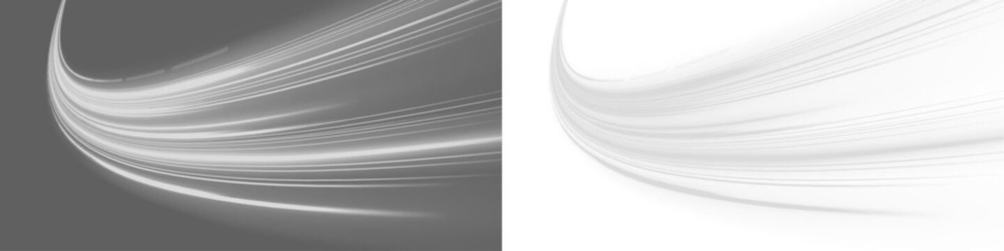 Futuristic neon laser speed lines move across city road highway traffic. Light motion wave generates energy trail, glowing direction with smooth white flow. Winter wind brings cold snow, png vector. 