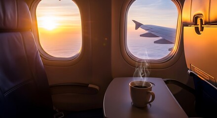 Airplane window seat with coffee illustration