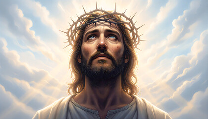 Jesus Christ wearing the crown of thorns, looking upward toward heavenly light with tears of compassion