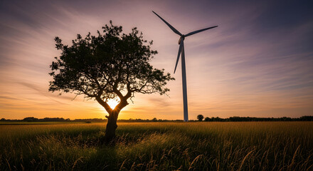 Obraz premium Solitary Tree and Wind Turbine at Golden Hour . Generative-AI.