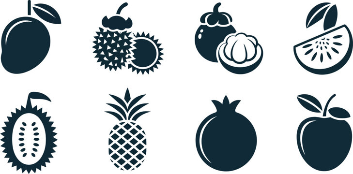 Eight minimalist dark blue icons representing different tropical and common fruits on a clean white field