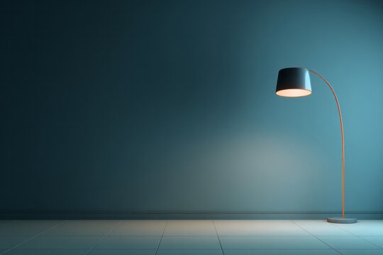 Illuminated modern floor lamp stands against a dark teal interior wall above a tiled floor