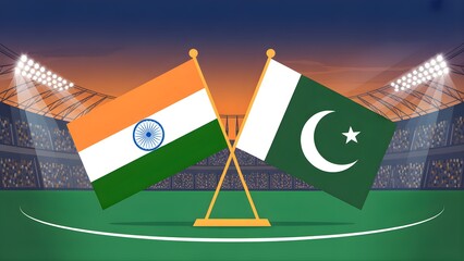 India vs Pakistan Flags on Cricket Stadium Field