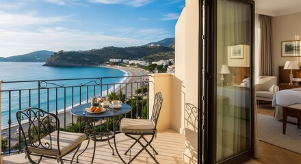 Serene oceanfront hotel suite with balcony illustration