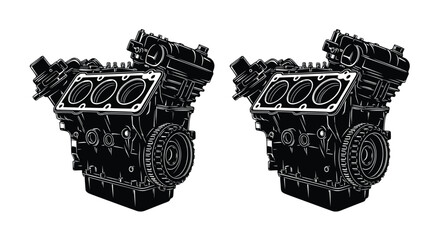 Two black and white illustrations of automotive engine blocks are displayed