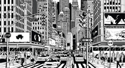 Fototapeta premium Black-and-White Illustration of Busy City Street with Crosswalk, Cars, Buildings, and Lively Atmosphere