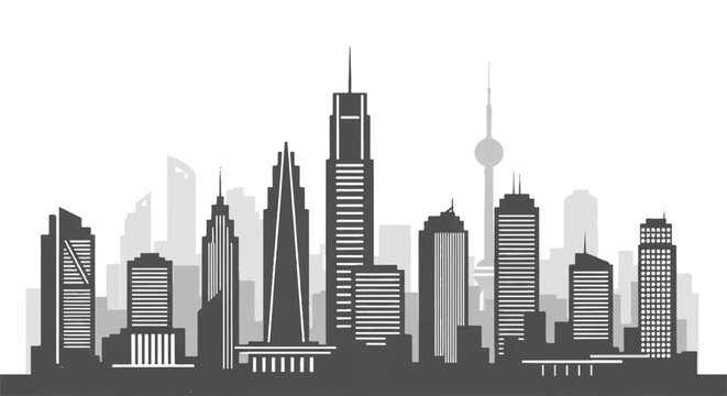 Stylized Urban Skyline Graphic in Black-and-White with Modern Architecture and Clean Design