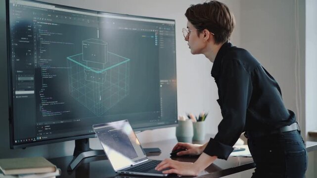 Leaning dev in studio, black shirt specs seeing model bug, pointing screen using mouse, copy space
