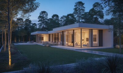 Fototapeta premium Modern house with large windows at dusk, nestled in a lush forest