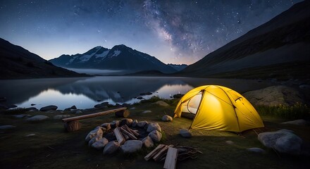 Camping under the stars by the lake illustration