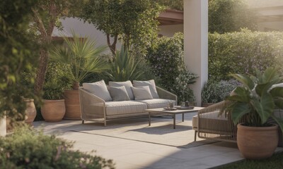 Fototapeta premium Relaxing outdoor patio scene with seating, plants, and sunlight