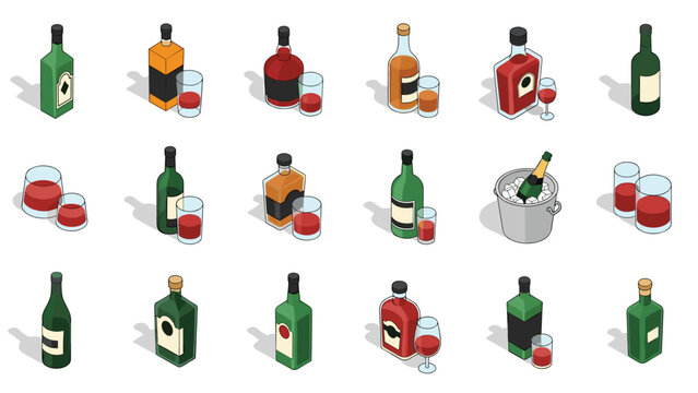 Extensive collection of various liquor and wine bottles shown with matching drinking glasses in a clean isometric illustration style.