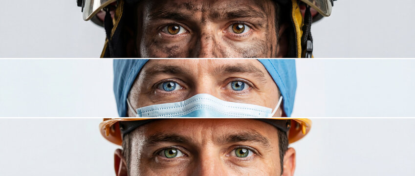 Detail of a portrait of men's faces with various professions