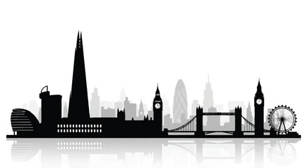 Fototapeta premium Bold Black and White Illustration of London Skyline with Iconic Landmarks in Staggered Silhouette Arrangement